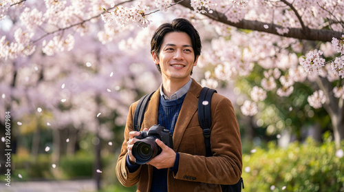 満開の桜を写真撮影する笑顔の男性
