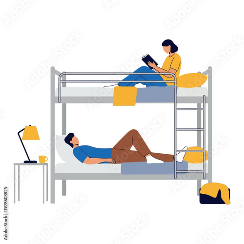 Two people relaxing and working on a bunk bed with modern furniture