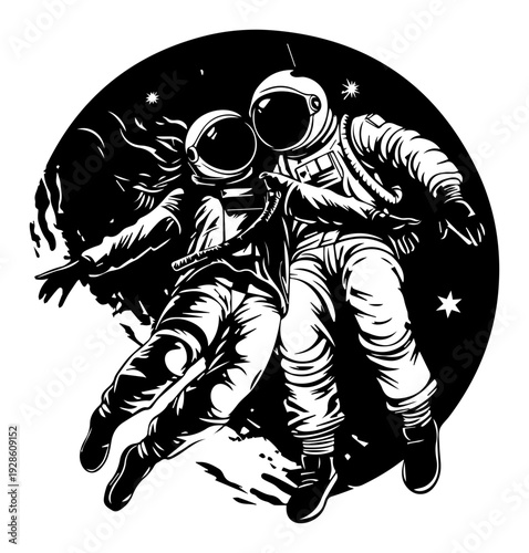Astronaut Couple Dancing in Space Vector, Woodcut Style Galaxy Exploration Illustration, Linocut Cosmonauts in Zero Gravity Black and White Art