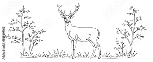 Deer in Forest Landscape One Line Art Illustration, Minimalist Continuous Line Drawing of a Stag with Trees and Nature Elements