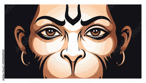 Lord Hanuman Portrait Illustration, Close Up Face of Hindu Monkey God Deity, Spiritual Mythology Character Art Vector