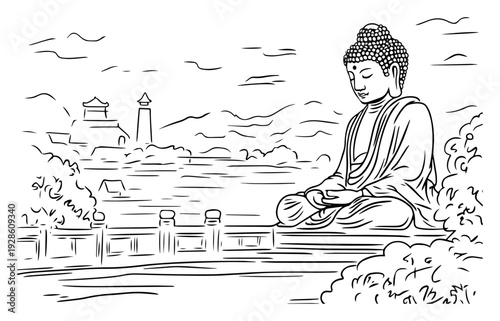 Buddha Meditating in Zen Landscape Vector Illustration, Hand Drawn Peaceful Buddhist Temple and Mountains Sketch