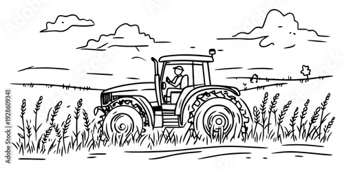 Tractor in Farm Field Landscape Sketch, Hand Drawn Agricultural Machinery Illustration, Rural Countryside Meadow with Tractor Vector