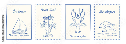 A set of four hand-drawn summer postcards featuring a sailboat, sea breeze, palm trees on the beach, a crab, and dolphins.