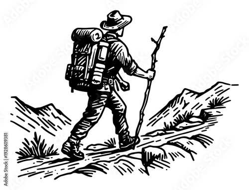 Hiking Backpacker in Mountains Woodcut Illustration, Vintage Linocut Style Trekking Adventure and Outdoor Exploration Vector