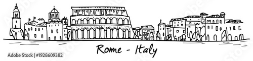Rome Italy Skyline Hand Drawn Sketch Vector, Colosseum Landmark and City Architecture Illustration, Italian Capital Cityscape Travel Art
