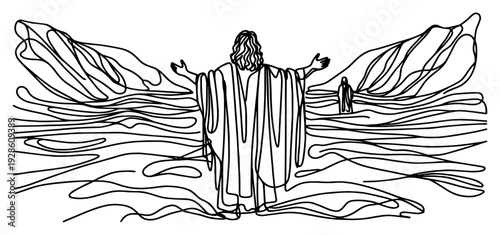 Jesus Christ in Desert Landscape One Line Art, Minimalist Continuous Line Drawing of Savior with Arms Open, Spiritual Faith Illustration