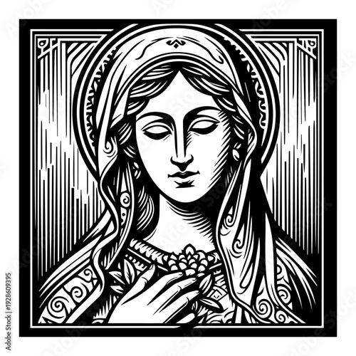 Virgin Mary Madonna Portrait Woodcut Illustration, Religious Christian Linocut Art of Blessed Mother holding Flower, Spiritual Faith Vector