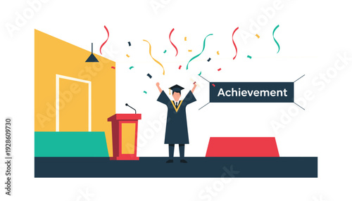 Young graduate celebrating academic achievement on stage with confetti