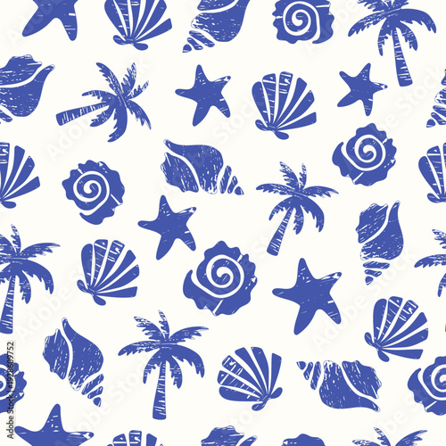 Seamless pattern with shellfish, palm trees, and stars. Summer vacation concept for textiles and wrapping paper. Tropical beach design.