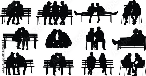 Romantic couple silhouettes sitting on benches expressing love intimacy and relationship moments isolated on white background collection set