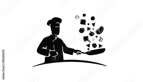 Silhouette of a chef tossing food in a pan with various ingredients against a white background.