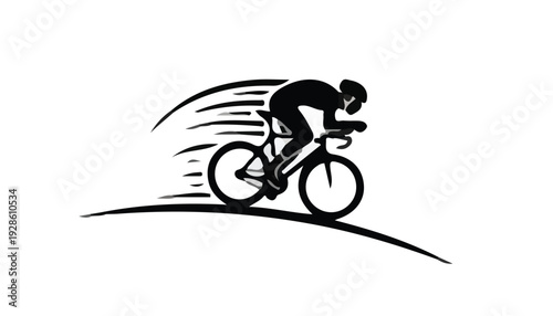 Silhouette of a cyclist riding a bicycle with motion lines on a white background.