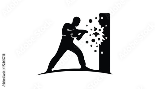 Silhouette of a person kicking through a wall with a dramatic burst of debris in a bold, graphic illustration.