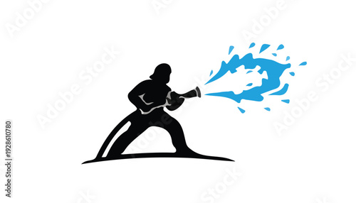 Silhouette of a person spraying a hose with water on a white background.
