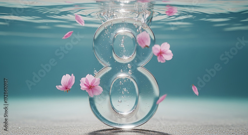 Symbolic glass number eight submerged with vibrant pink sakura flowers in clear water, perfect for International Women's Day designs, March 8th promotions, or serene spring campaigns.