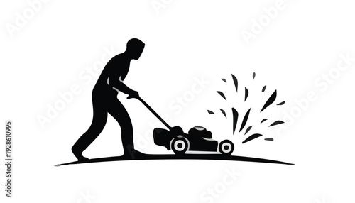 Silhouette of a man pushing a lawn mower with grass clippings flying out, against a white background.