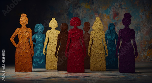 Diverse, colorful female statues symbolizing empowerment, unity, and strength. Perfect for International Women's Day, Women's History Month, diversity campaigns, social justice initiatives,
