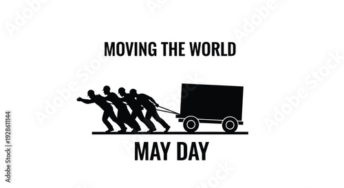 May Day labor movement icon with people pulling cart