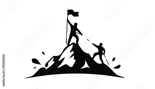 Black silhouette of two climbers standing on a mountain peak with one holding a flag on a white background with dynamic splashes.
