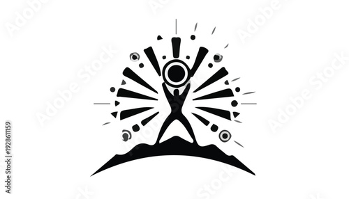 Black silhouette graphic of a person with arms raised on a hill with abstract shapes and lines radiating from their body on a white background.