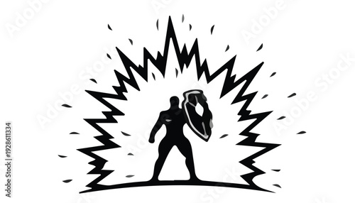 A black silhouette of a man holding a shield with a dynamic explosion or burst effect in the background on a white background.