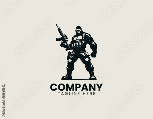 Muscular gorilla soldier wearing tactical gear and holding rifle is isolated professional. Military branding concept