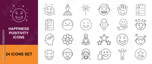Happiness and Positivity Outline Icon Set with Smiley Faces, Optimism, Growth Mindset, Meditation and Feedback Symbols