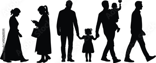 Silhouette of family walking together, parents with children and individuals isolated on white background lifestyle illustration