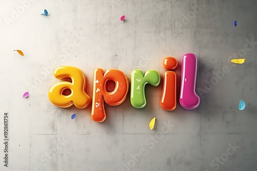 Colorful 3d april word with confetti on gray background