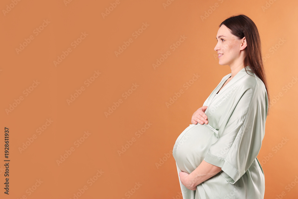 Obraz premium Pregnant woman touching her belly on light brown background, space for text