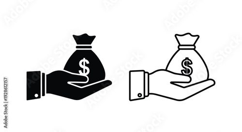 Two hands holding money bags a simple graphic design in a silhouette style
