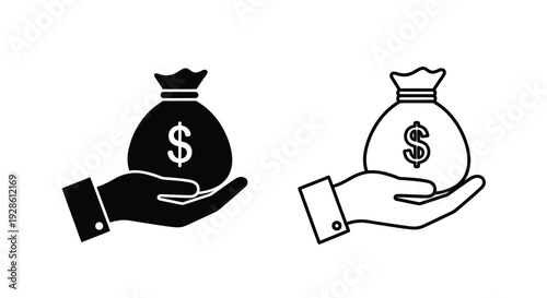 Two hands holding money bags with dollar signs a simple black and white silhouette