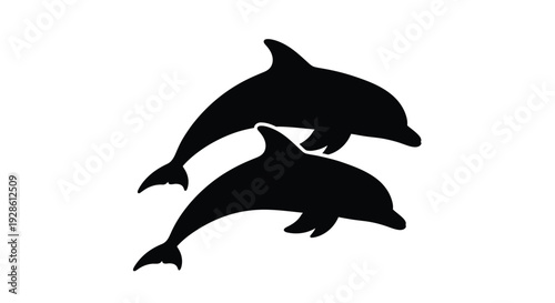 Two playful dolphins leaping from the water depicted in a striking black silhouette