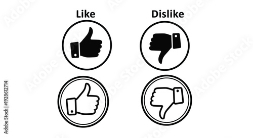 Like and dislike icons in circular frames simple black silhouette design