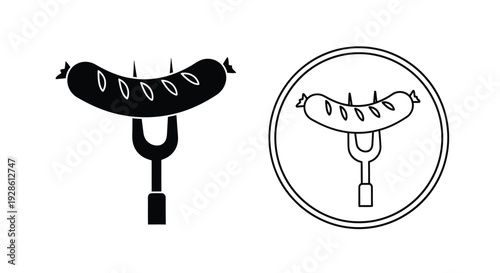 Grilled sausage on a fork presented in two circle outlines a simple silhouette
