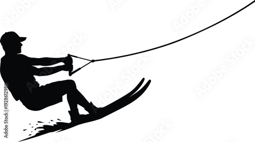 Black silhouette water skier in action holding tow rope, extreme water sport athlete vector illustration isolated on white
