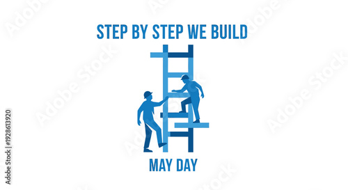 Labor Day, May Day icon with construction workers and ladder