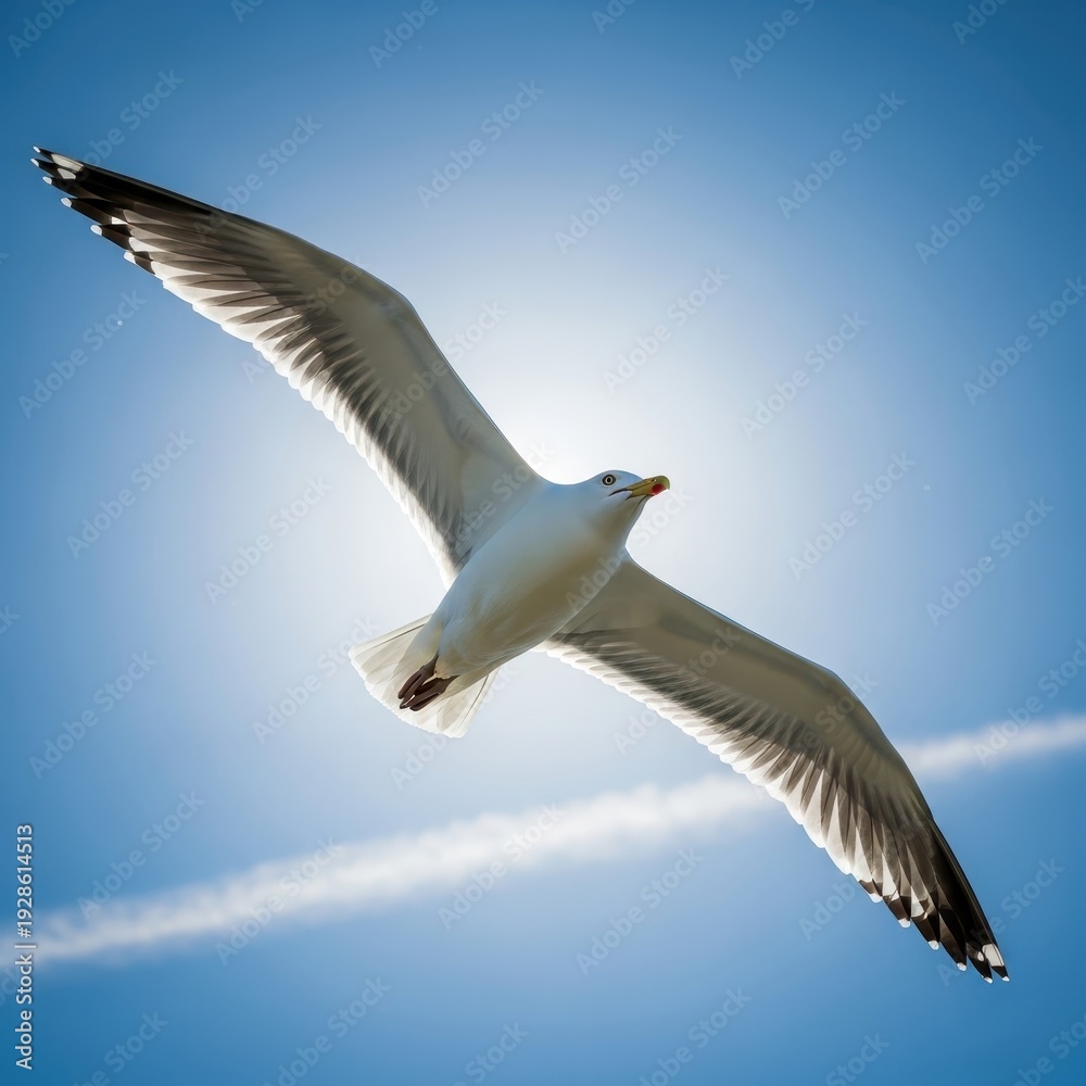 Fototapeta premium Seagull soaring in the blue sky with contrails.