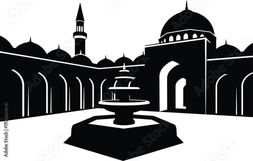 Black and white illustration of a mosque courtyard with fountain and minaret
