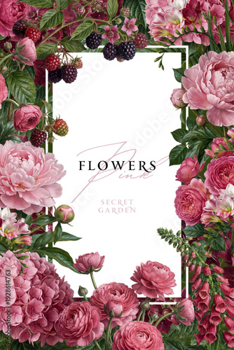 Vintage vector illustration with pink garden flowers on a changeable background. Floral design template for wedding invitation, greeting card, notebook cover, flyer or banner.