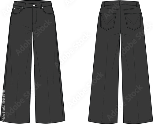 Wide leg pants mockup front and back view, blank fashion apparel template isolated on white background