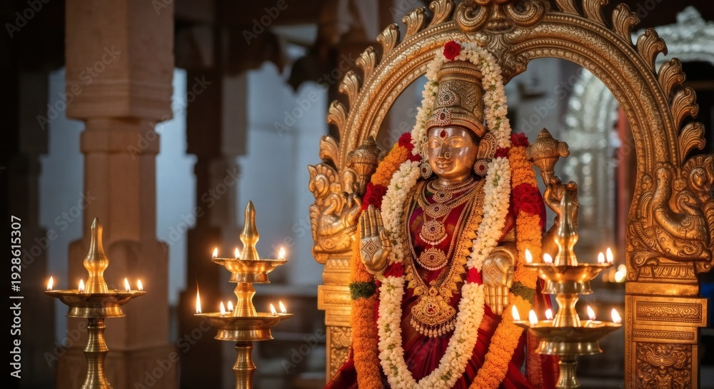 Fototapeta premium Elegant photograph of Goddess Lakshmi statue inside a Hindu temple, illuminated by warm oil lamps and soft ambient lighting
