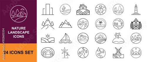 Nature and Landscape Outline Icon Set with Mountains, Forest, River, Lighthouse, Desert and Rural Scenes