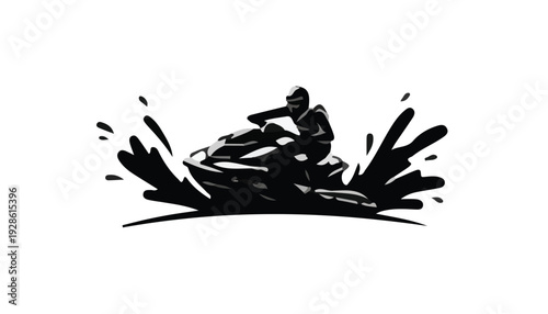 Black silhouette of a motorcyclist riding a bike with dynamic splashes on a white background.