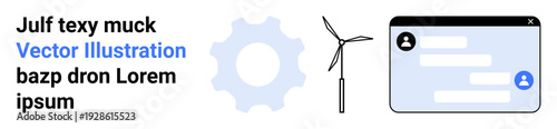 Renewable energy, technology systems, wind energy, communication platforms, innovation, efficiency. Visual components include a wind turbine, gear icon and chat interface. Renewable energy