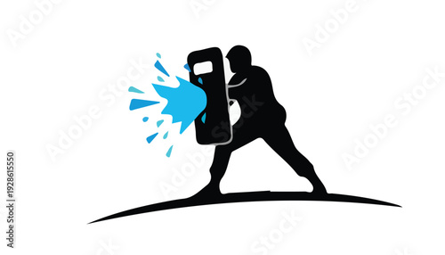 Silhouette of a person kicking a punching bag with blue splash on a white background.