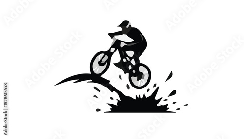 A black silhouette of a mountain biker jumping off a dirt mound on a white background.