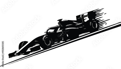 Black silhouette of a speeding race car with motion blur on a white background.