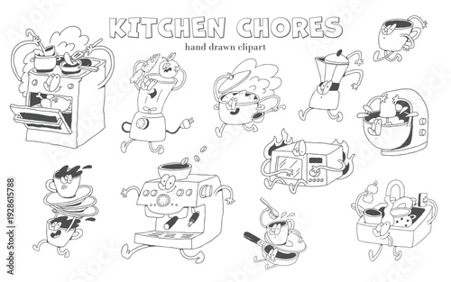 Silly funny kitchen chores doodle characters set